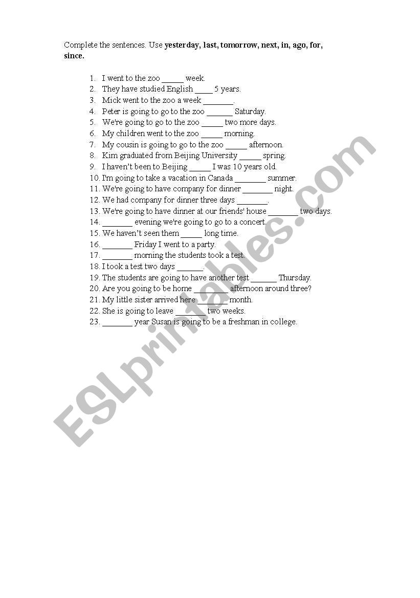 Signal Words for past tense worksheet