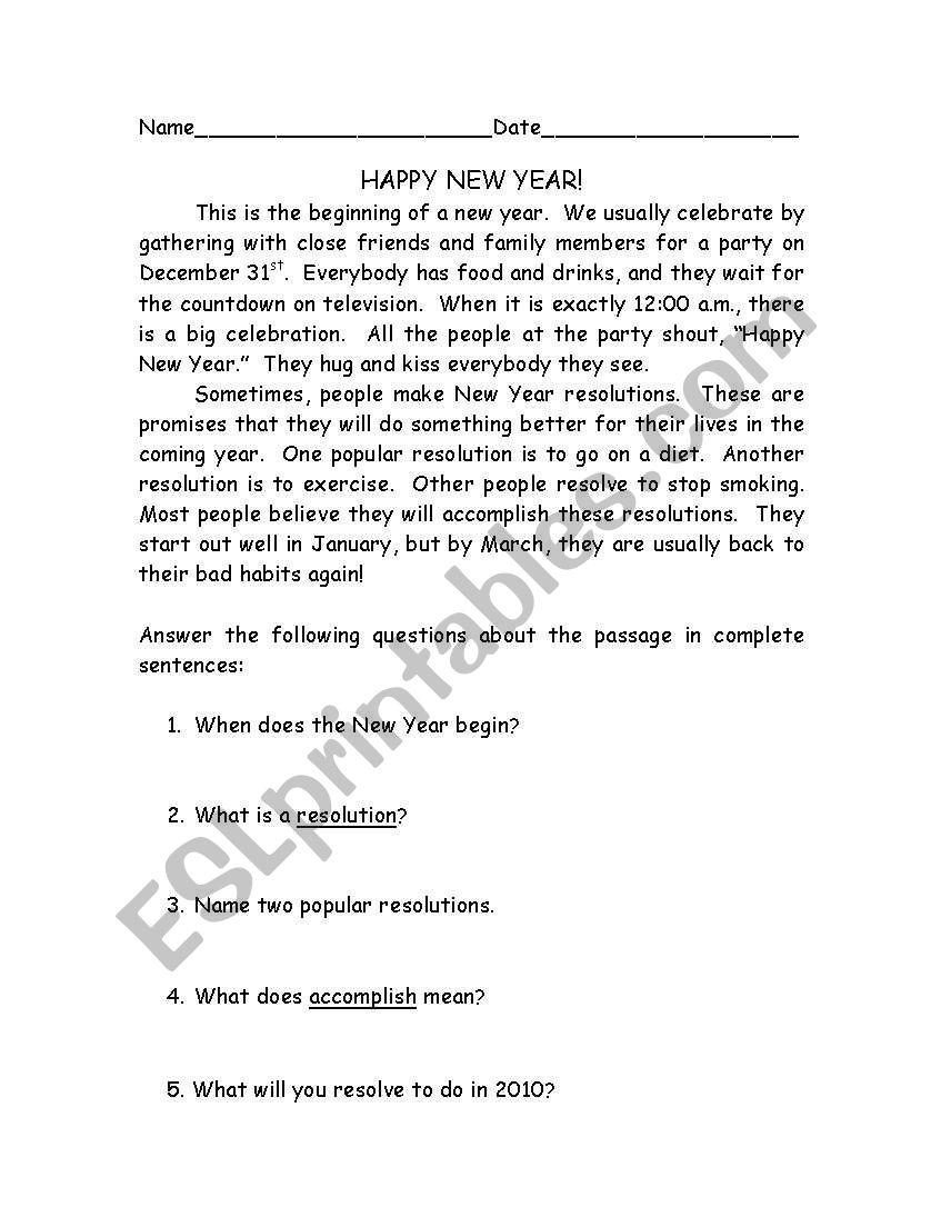 happy new year worksheet