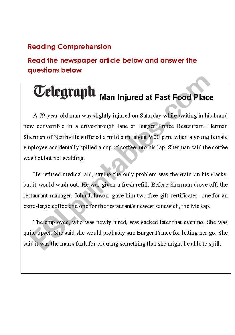 newspaper article  - MAN INJURED IN FAST FOOD PLACE