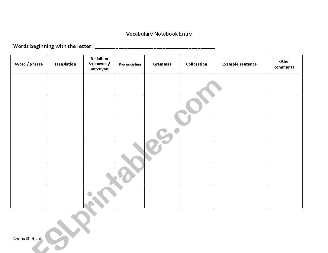 Vocabulary Notebook Entry Sheet 