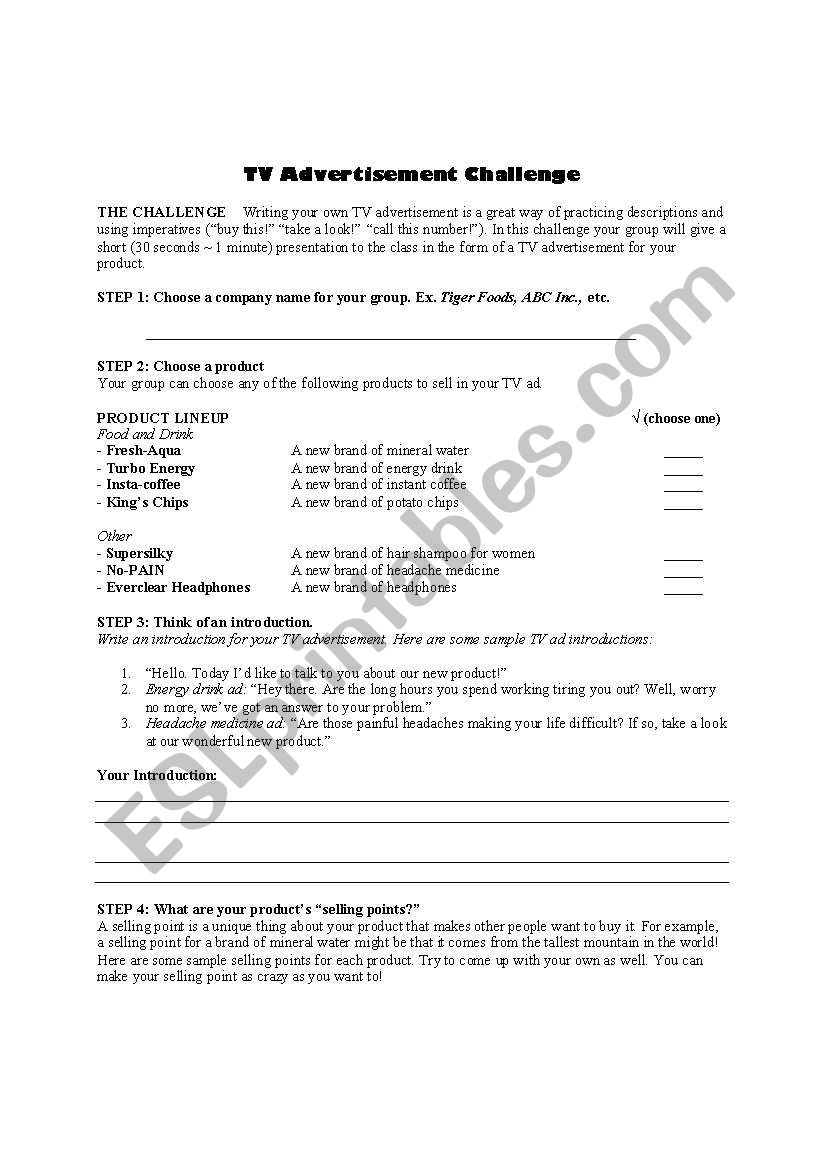 TV Advertisement Challenge worksheet