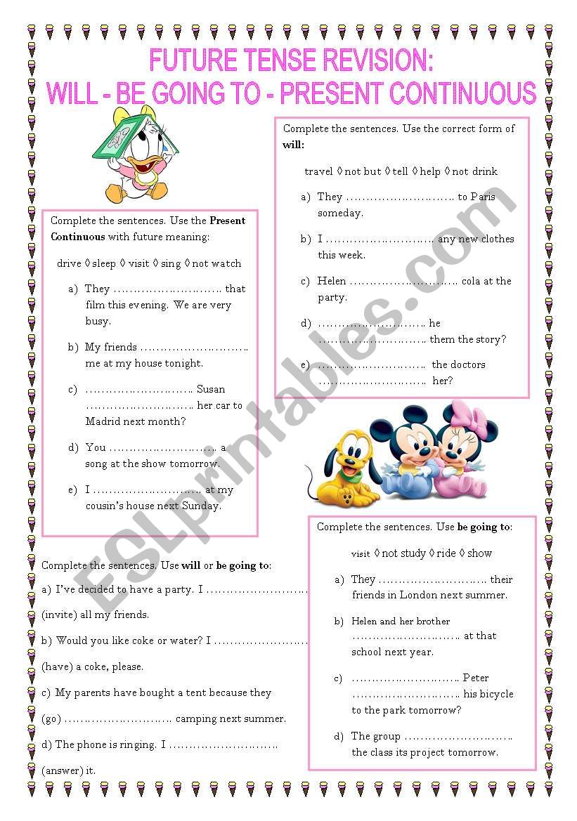 FUTURE TENSES will Be Going To Present Continuous ESL Worksheet 