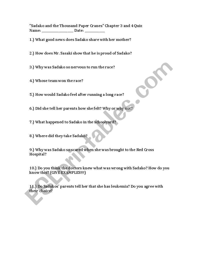 Sadako Ch. 3-4 Quiz worksheet