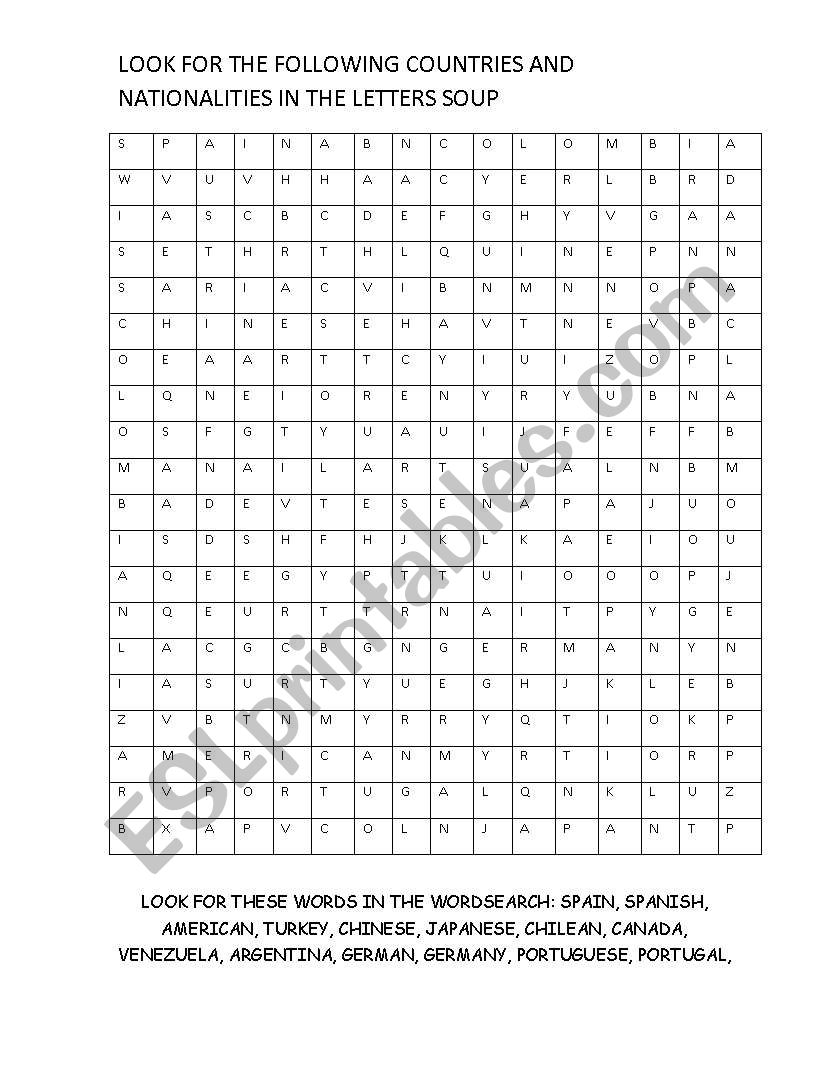 Countries letter soup worksheet