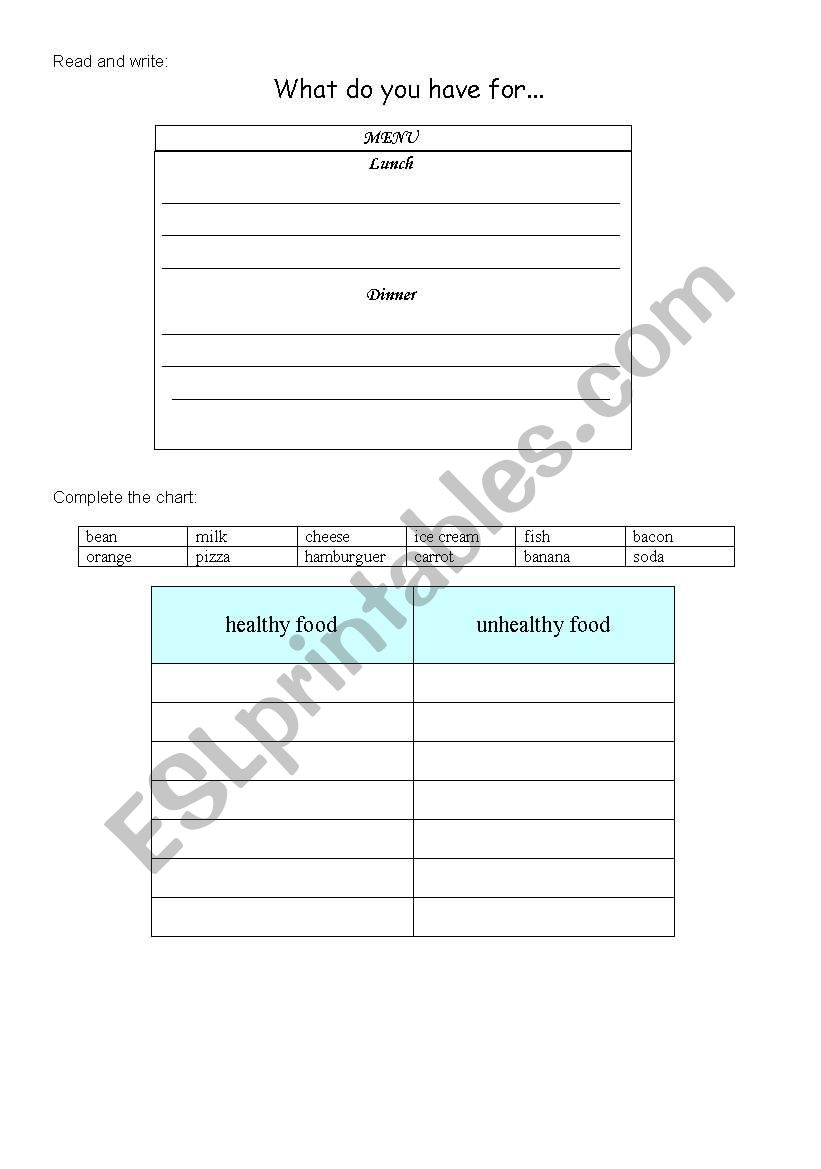 Healthy and Unhealthy foods worksheet