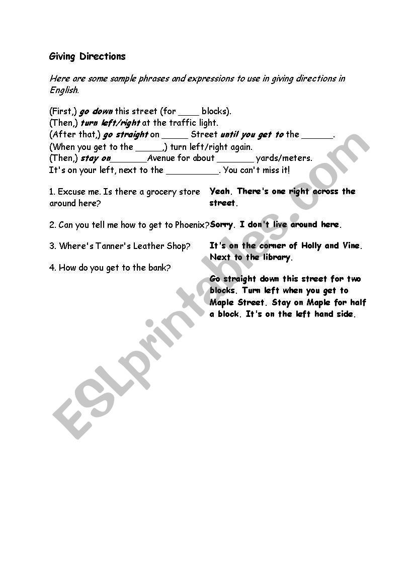 GIVING DIRECTIONS worksheet