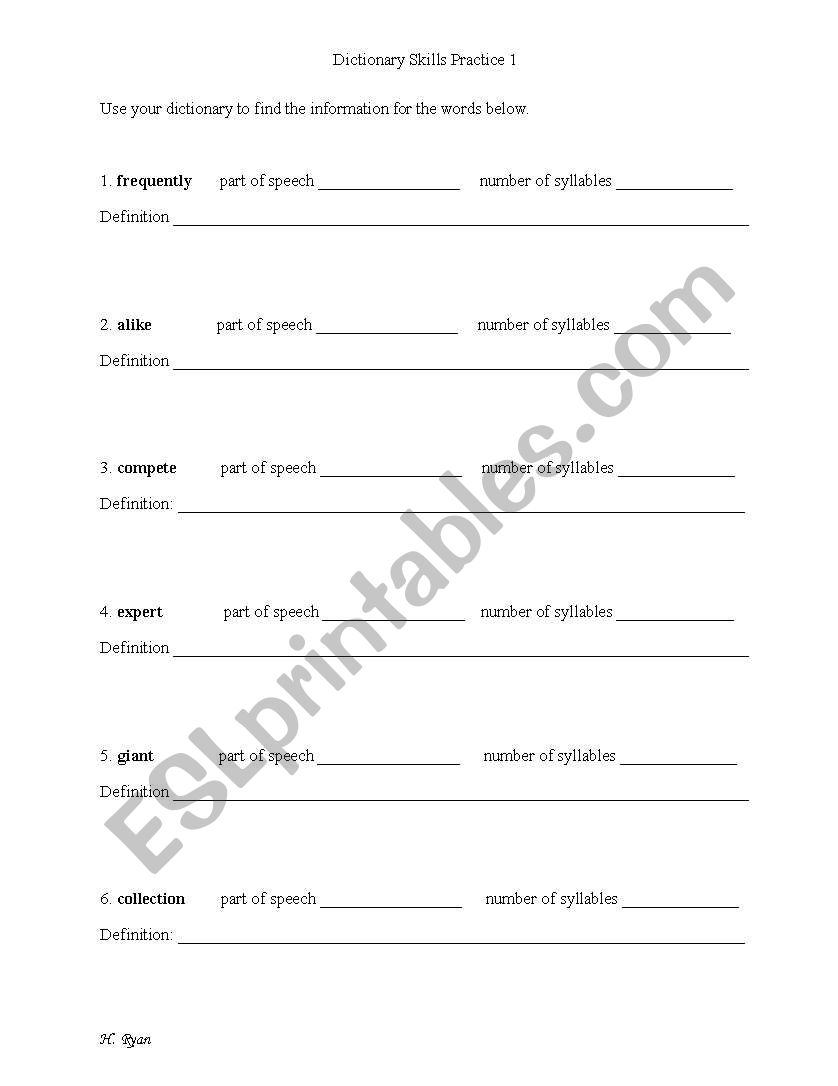 Dictionary skills 1 worksheet