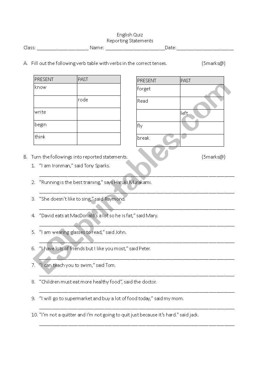 Reported statement Quiz worksheet