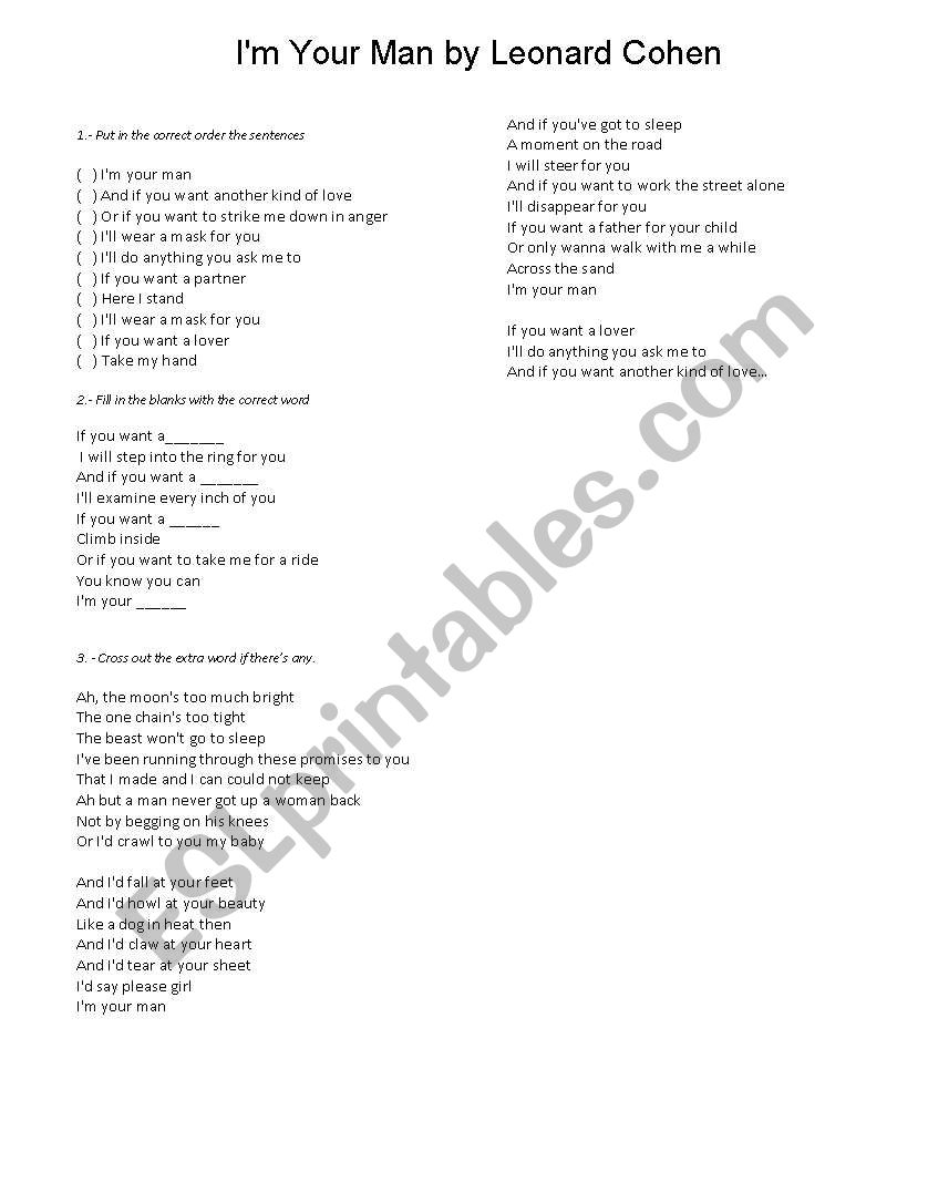 Im your man Leonard Cohen  worksheet