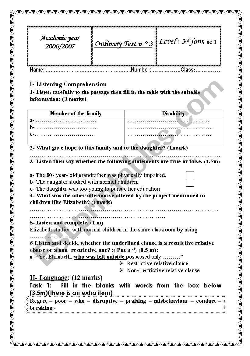 mid term test n 3 for 3rd forms 