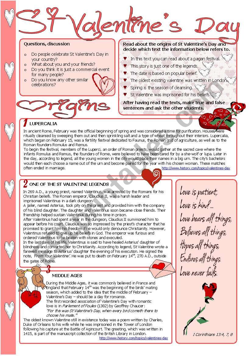 The History Of St. Valentine's Day Worksheet