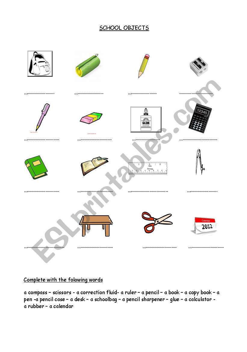 School Objects worksheet