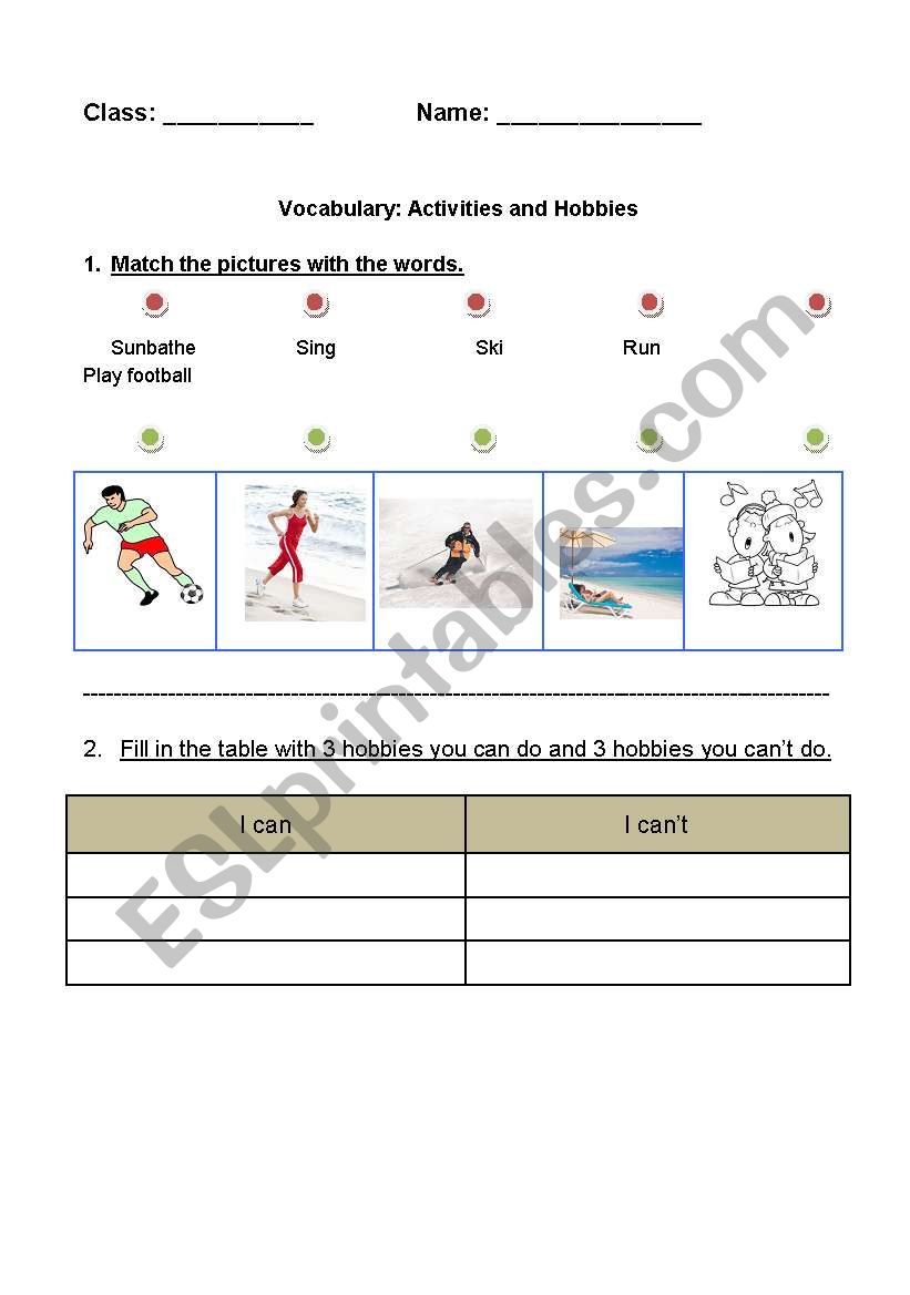 activities and hobbies worksheet