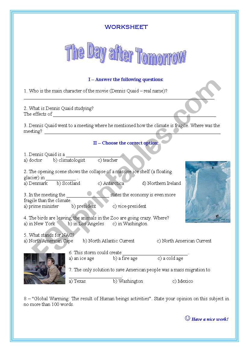 worksheet on the movie the day after tomorrow esl worksheet by vdolphin