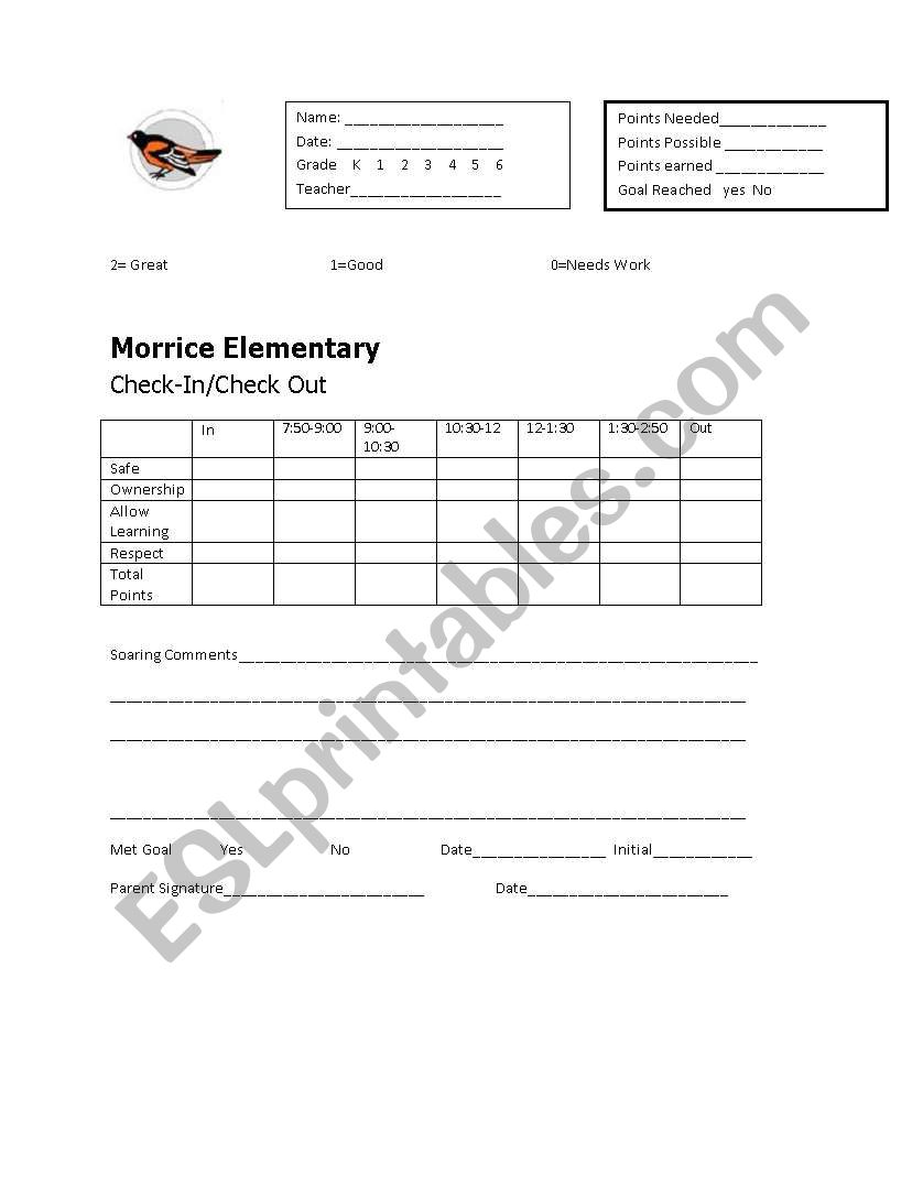 Check in and Check out sheet worksheet