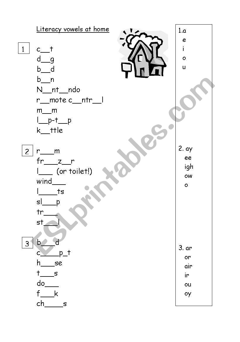 Literacy vowels for objects at home