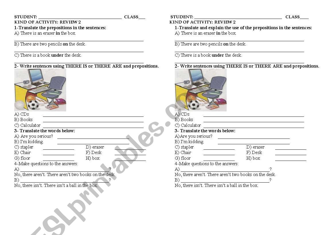 REVIEW 2 7TH GRADE THERE IS, THERE ARE, PREPOSITIONS IN, ON, UNDER