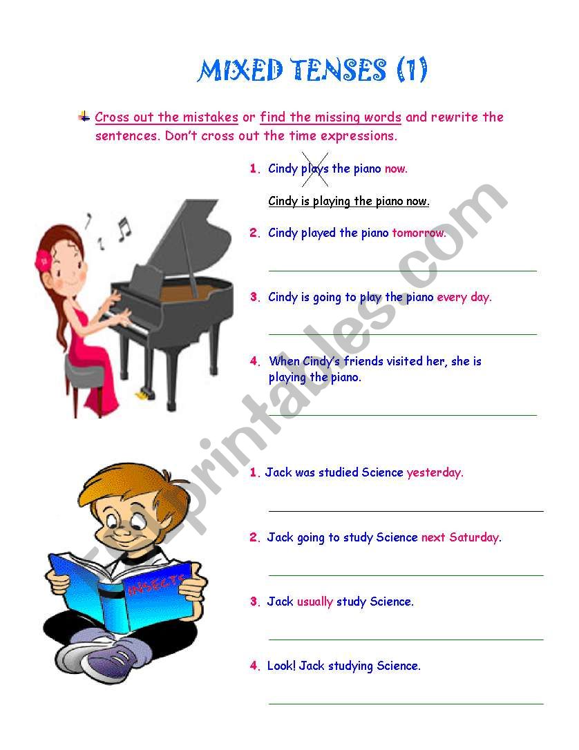 MIXED TENSES-CROSS OUT THE MISTAKES- ALL COLOURFUL WITH PICTURES-2 PAGES