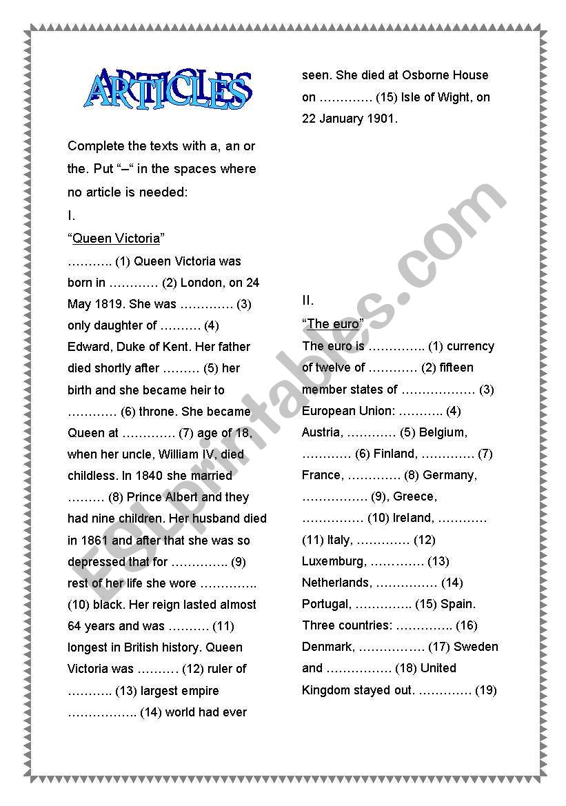 aRTICLES worksheet