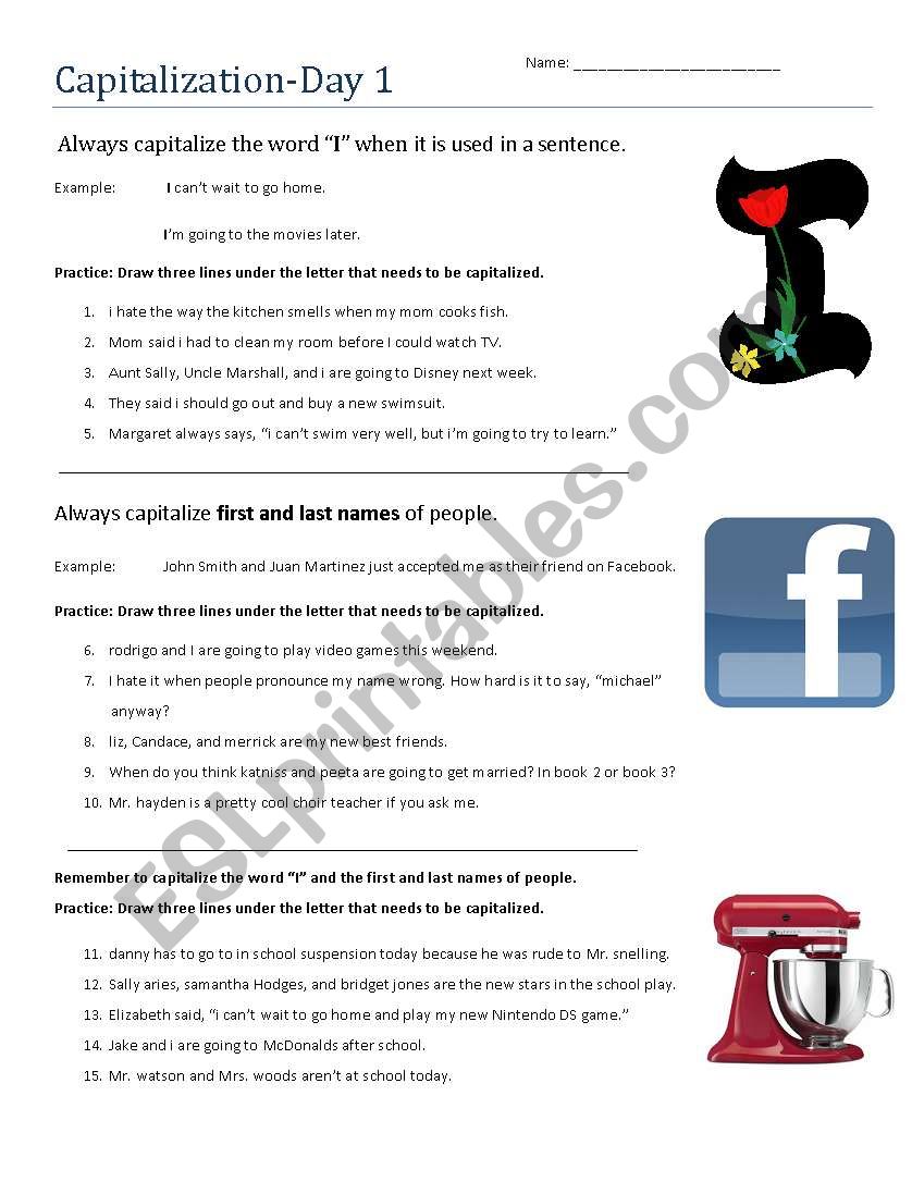 Capitalization Day 1 worksheet