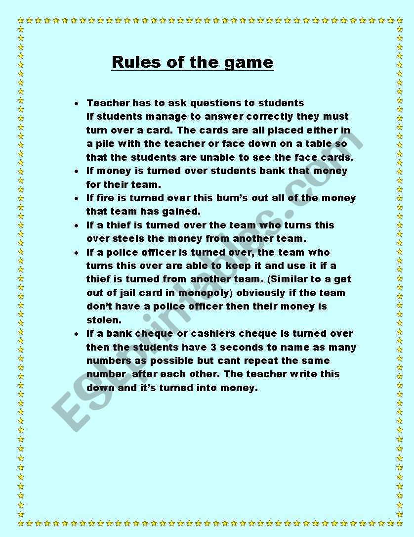 Cops And Robbers Game Esl Worksheet By Flynny