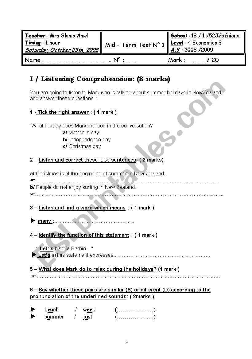 mid term test N°2 - ESL worksheet by mrsflower