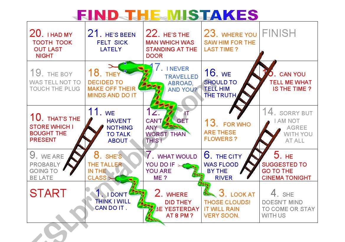 Snakes and ladders nº 6 : Find the mistakes - ESL worksheet by aliciapc