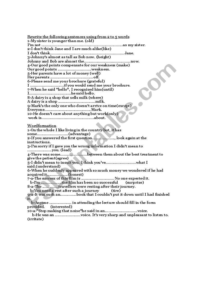 Rewriting and word formation worksheet
