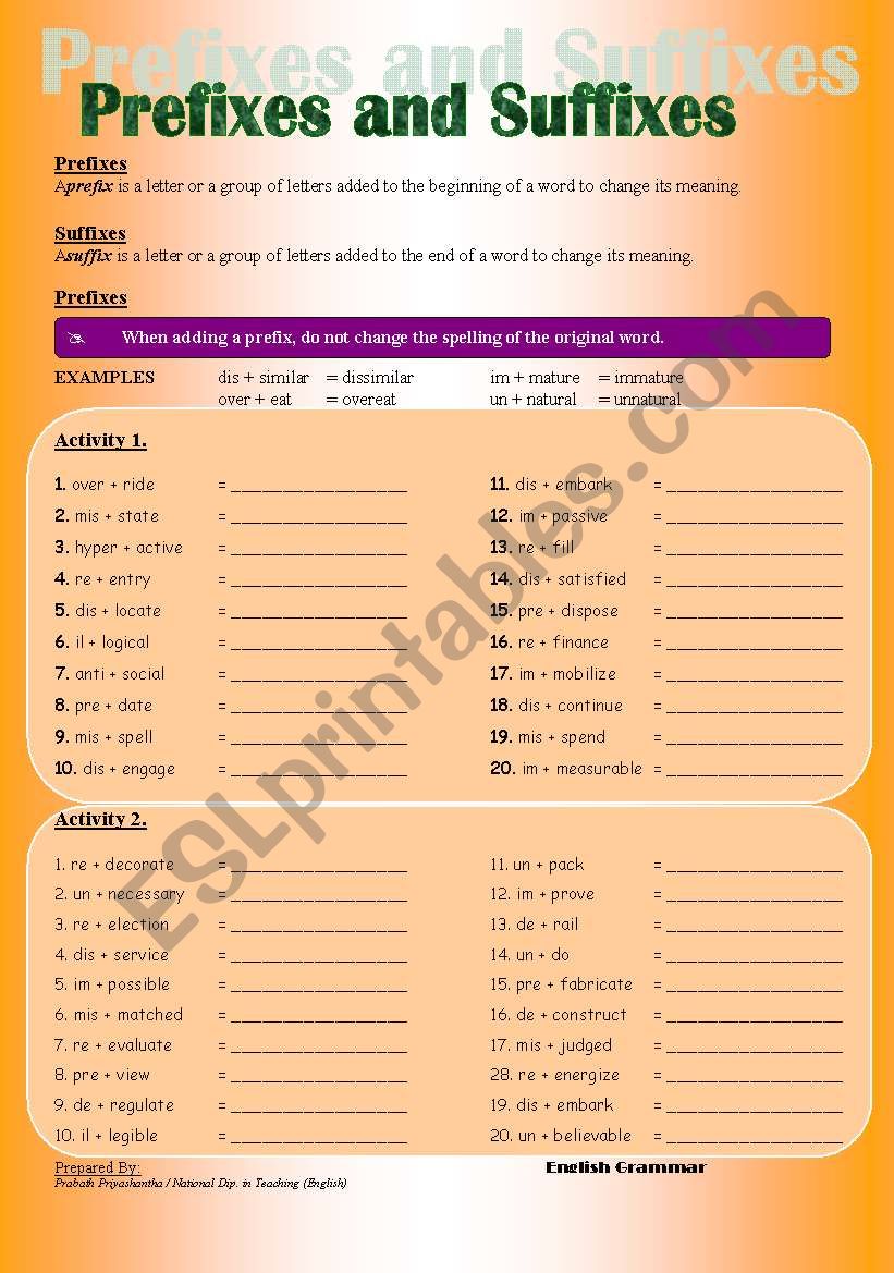 Let´s fun with Prefixes and Suffixes..!! - ESL worksheet by dinethra