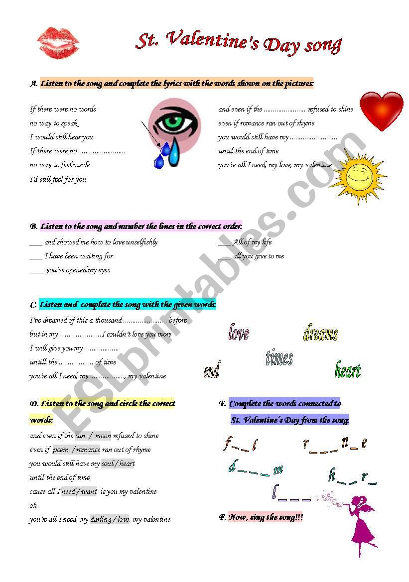 Valentine S Day Song Esl Worksheet By Renata Lioness