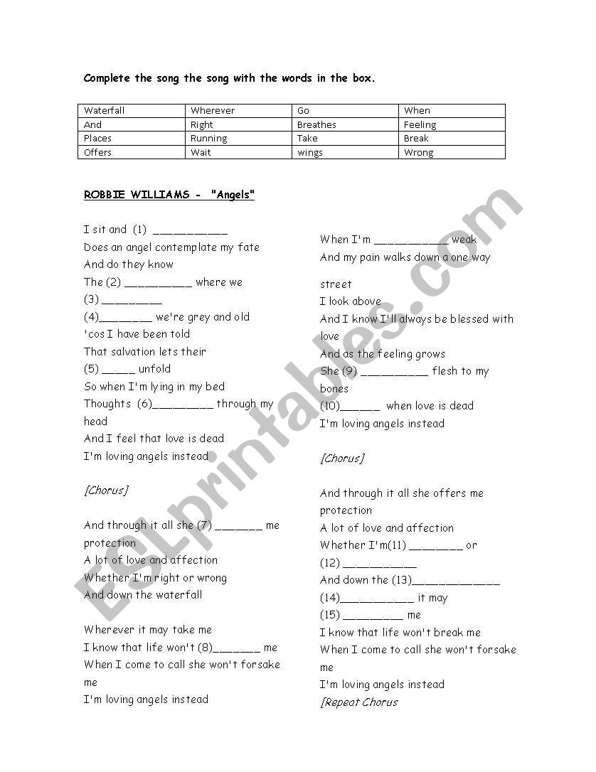 Robbie Williams - Angels Song worksheet