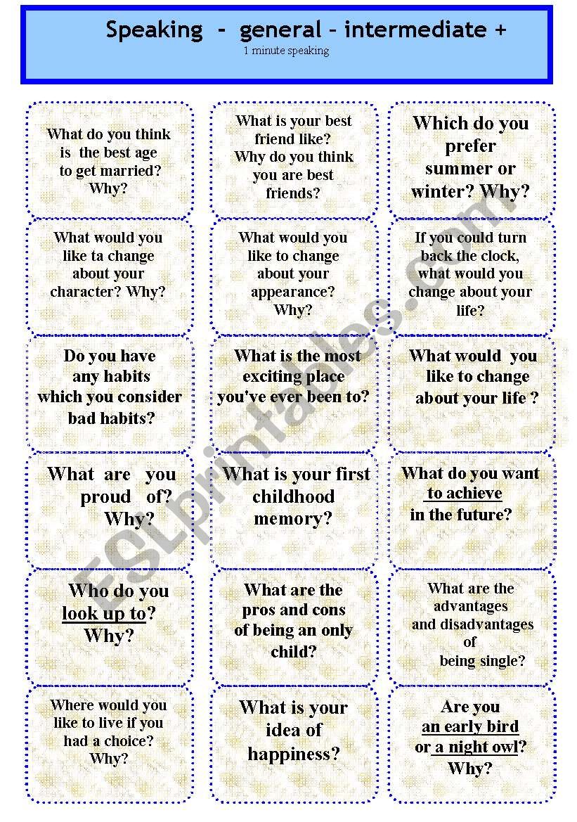 Speaking Cards Intermediate Plus Varieties ESL Worksheet By Bea228