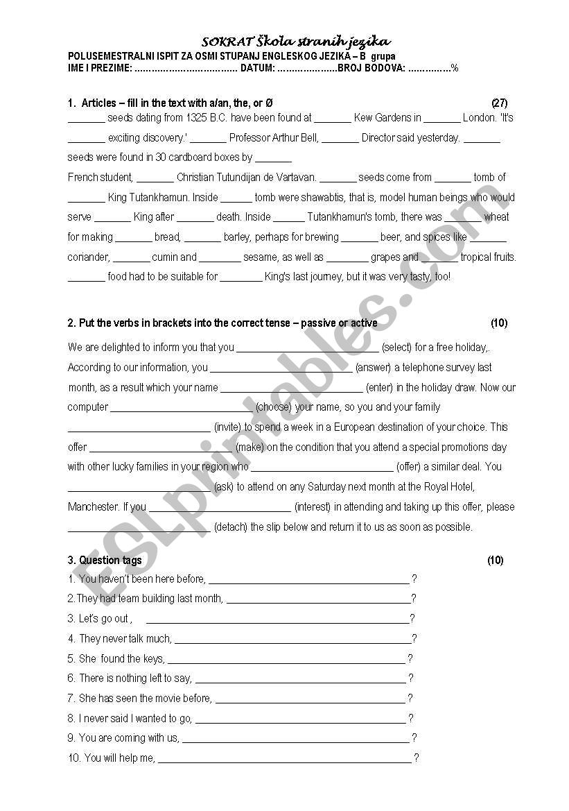 Upper intermediate exam worksheet