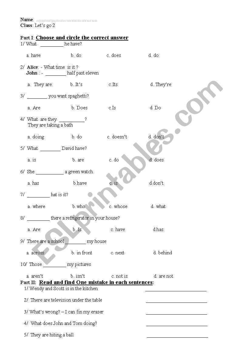 Test of Lets go 2 worksheet