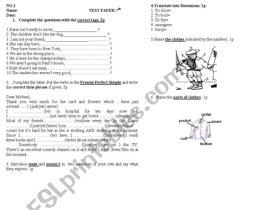 Test paper worksheet