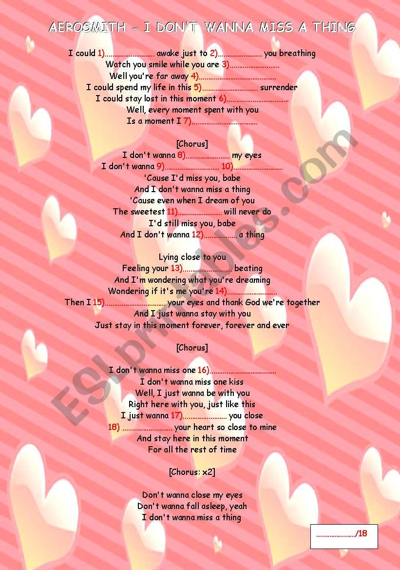 I don´t wanna miss a thing - Aerosmith + KEY - ESL worksheet by viviank