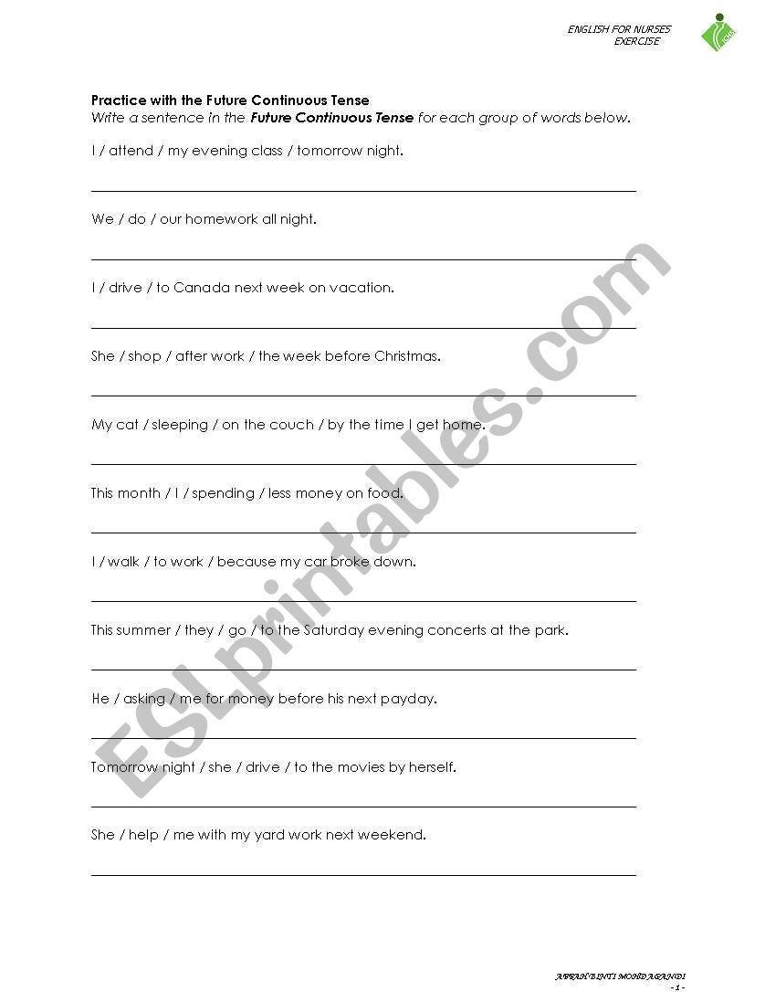 exercise on continuous tense worksheet