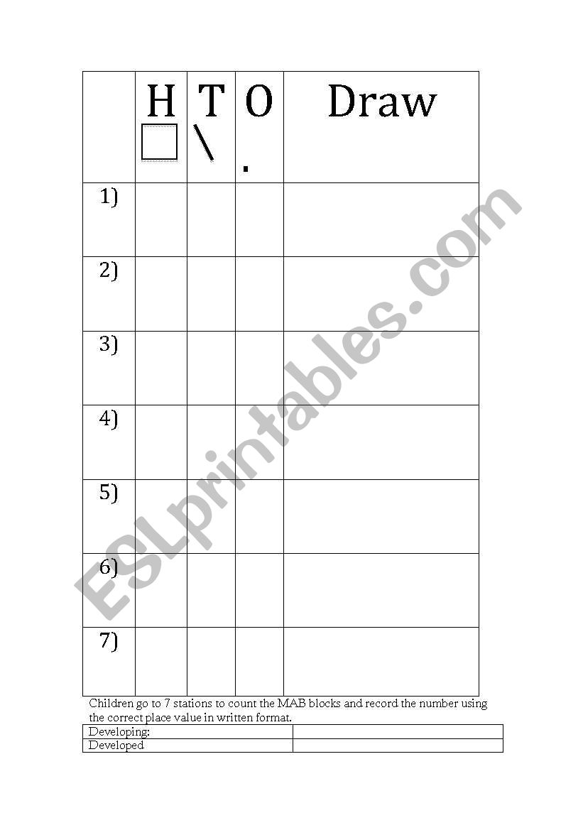 Place value with Mab Blocks worksheet