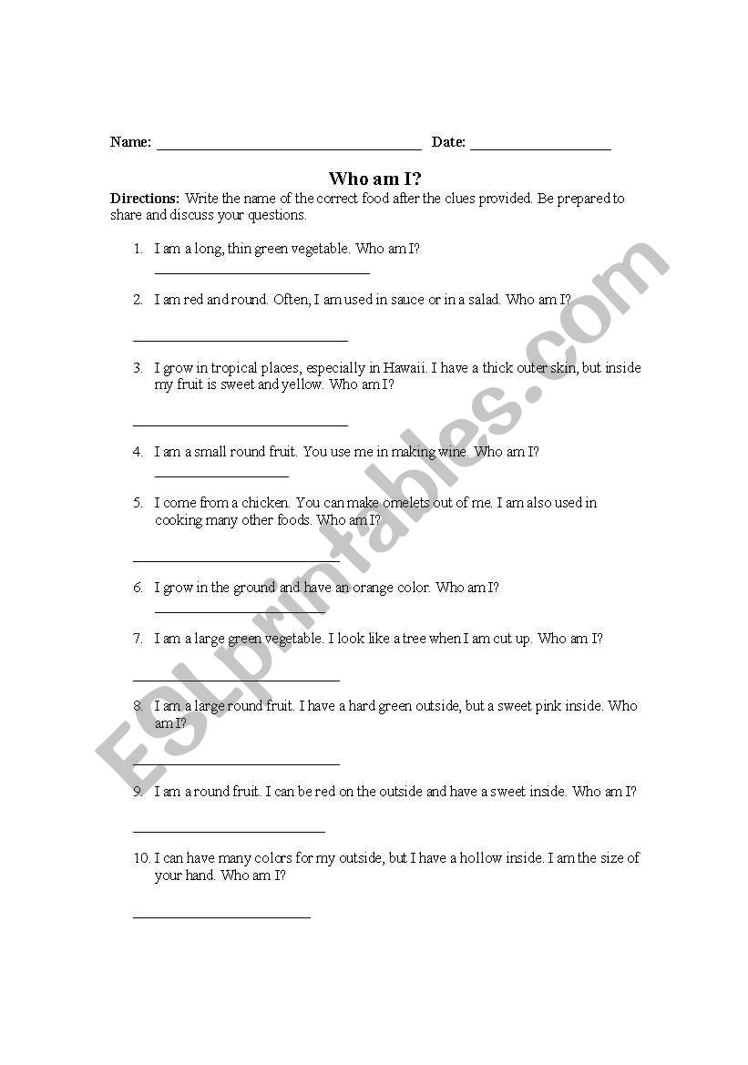 Who am I? Food worksheet