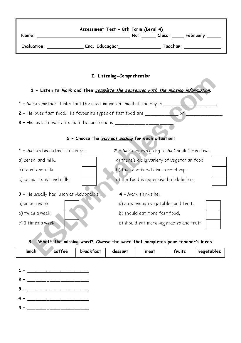 food worksheet