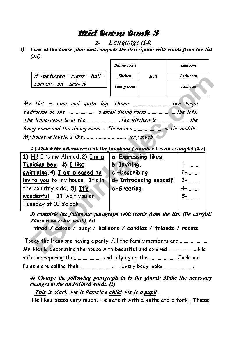 mid term test 3 7th form worksheet