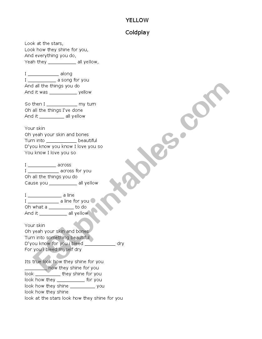 Lyrics YELLOW Simple Past worksheet