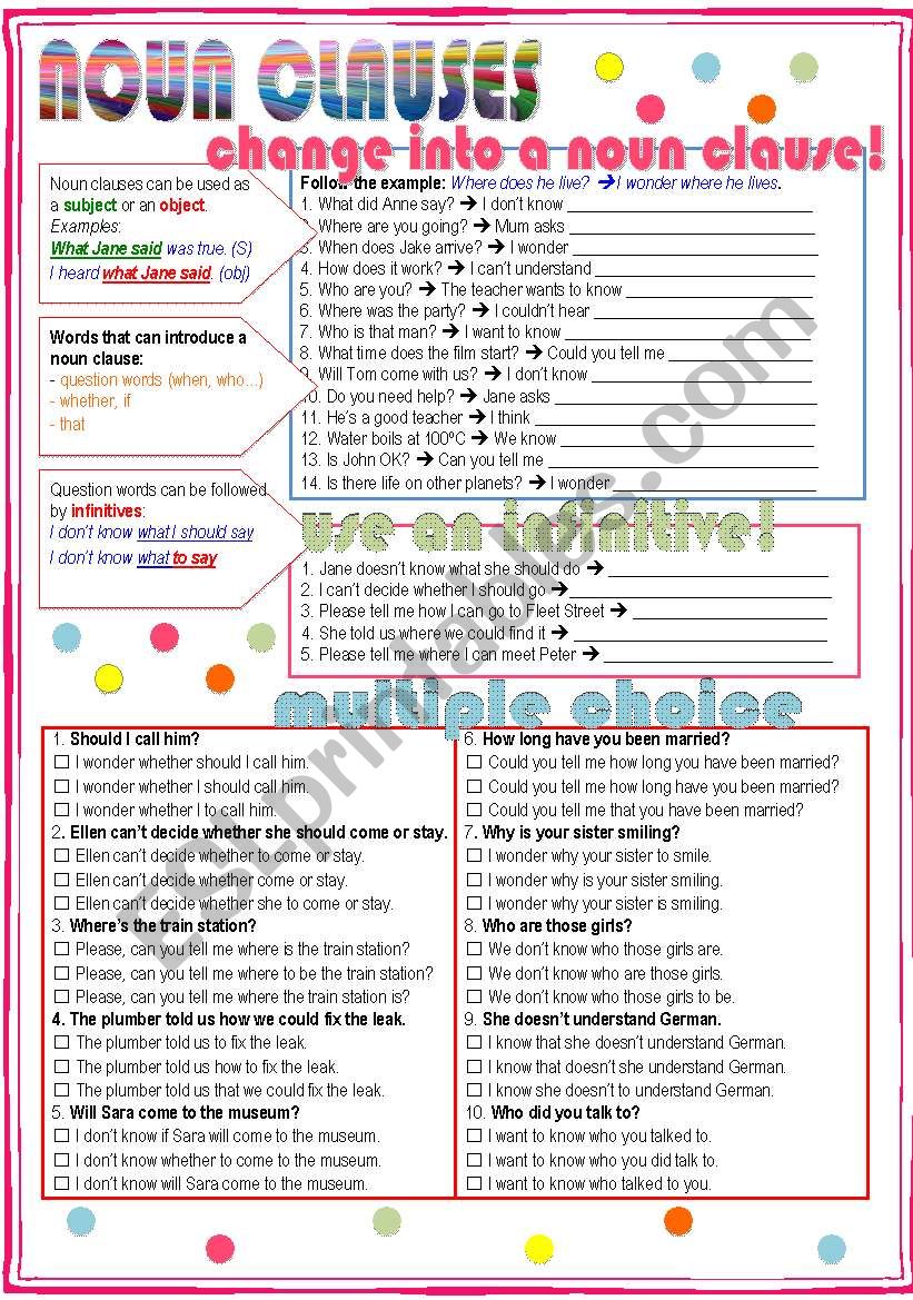 Noun Clauses ESL Worksheet By Nuria08