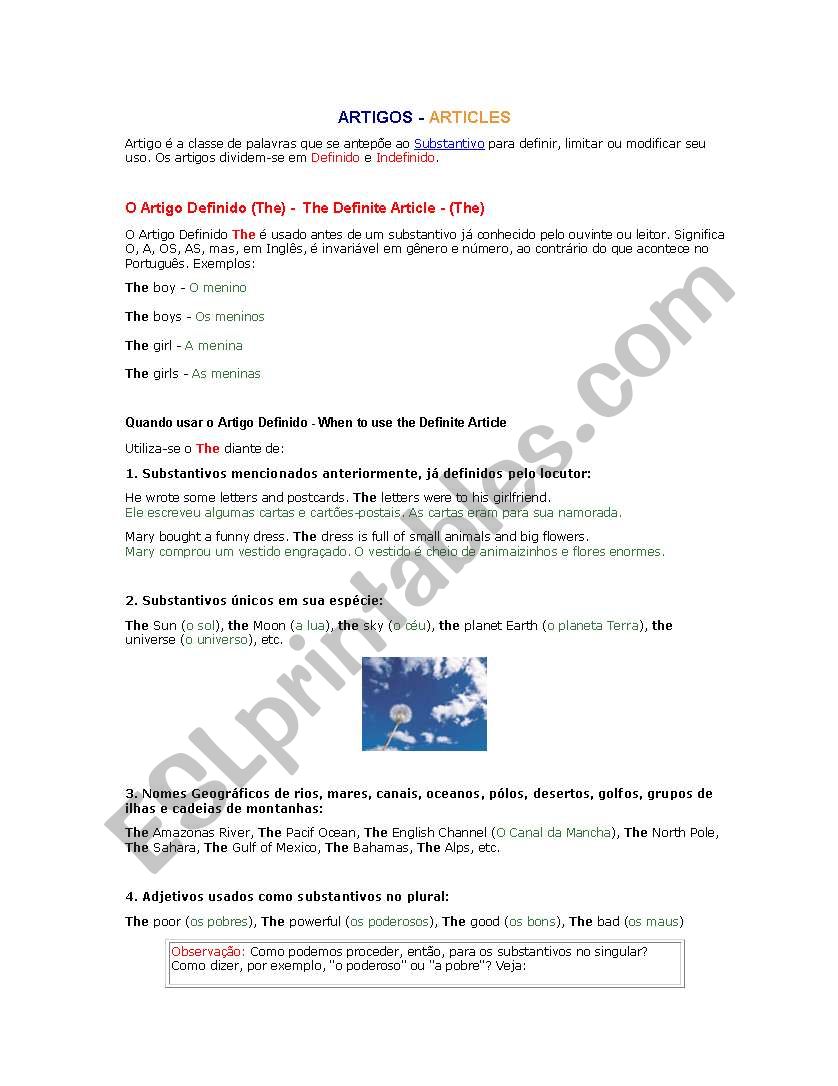 articles worksheet