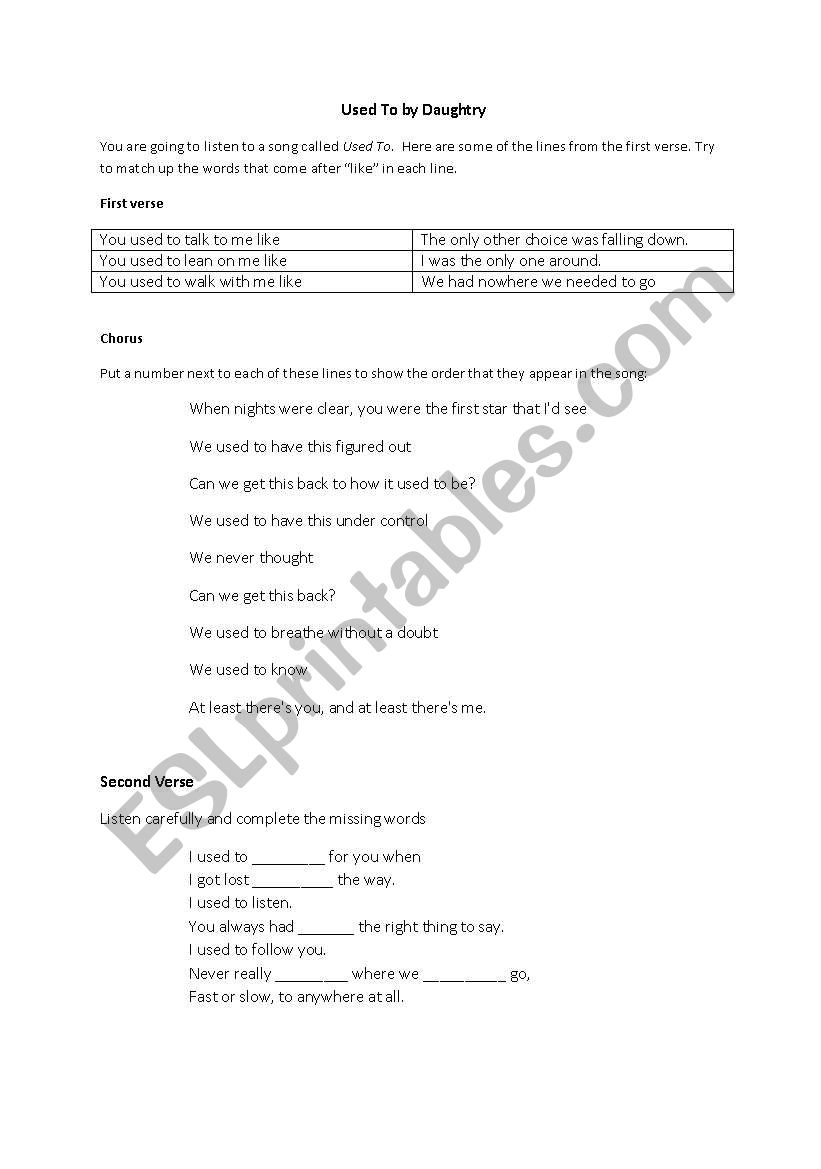 Used To by Daughtry worksheet