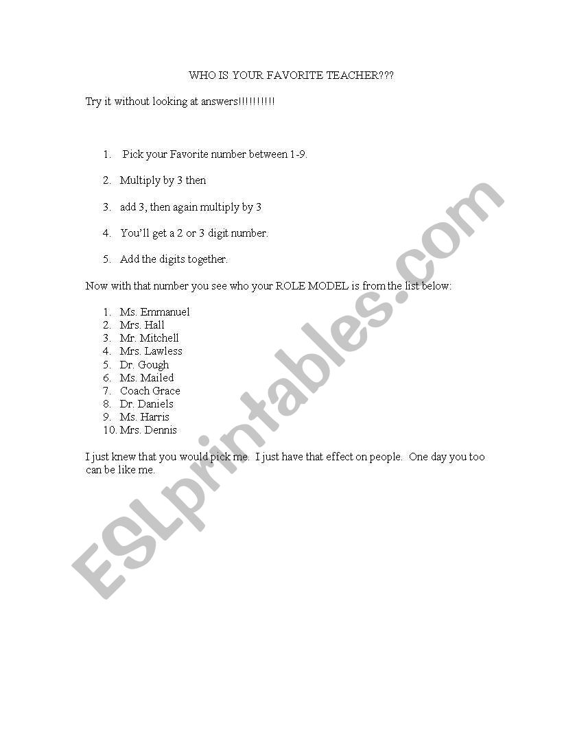 Who is your Favorite Teacher worksheet