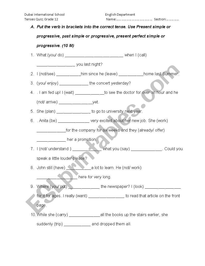 Tenses worksheet worksheet