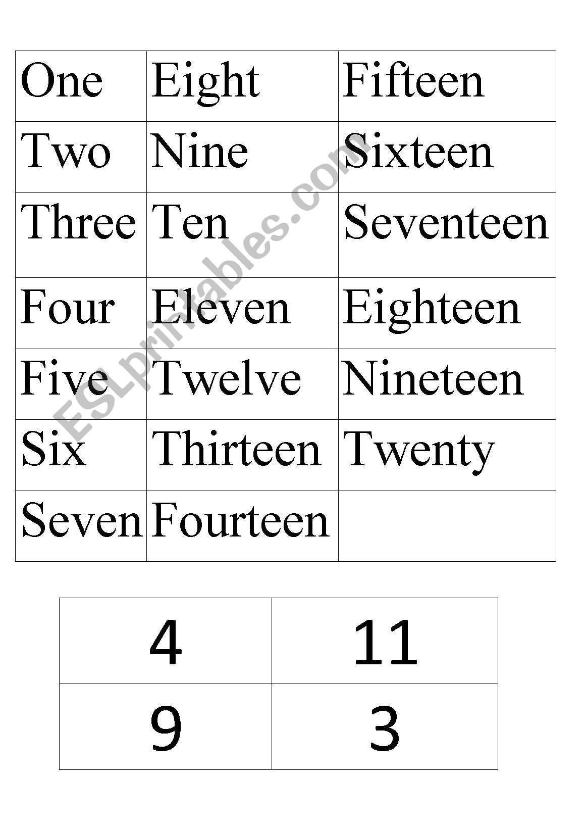 Numeral and Word matchup  worksheet