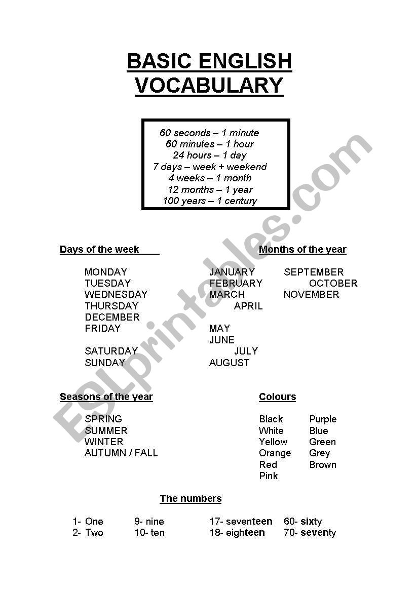 BASIC VOCABULARY worksheet