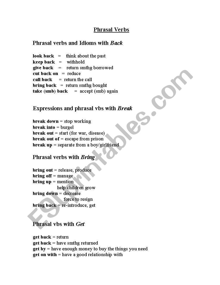 phrasel verbs worksheet